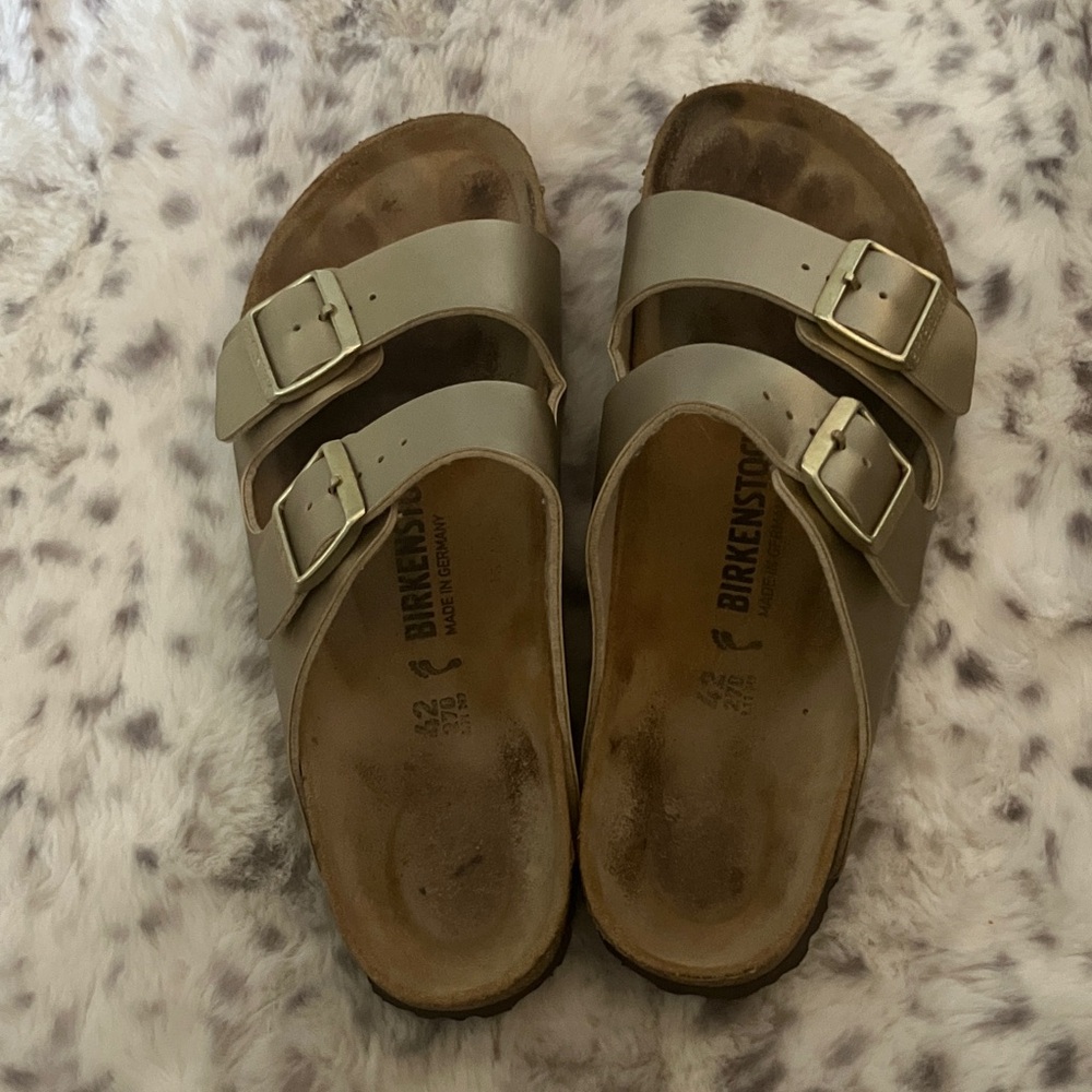 Birkenstock Arizona Double Strap Sandals in Beige with Gold Buckles